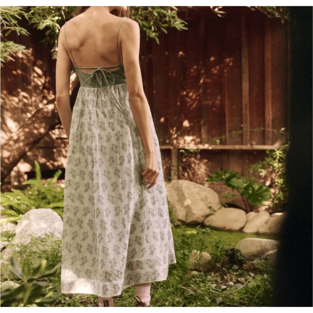 The Great Camelia Midi Dress Size M Dusty Blue Bustier Embroidered Eyelet Boho - Picture 2 of 13